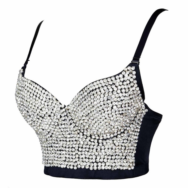 ELLACCI Women's Rhinestone Diamond Push up Bustier Crop Top Sexy Punk Corset Bra Black X-Small - Image 3